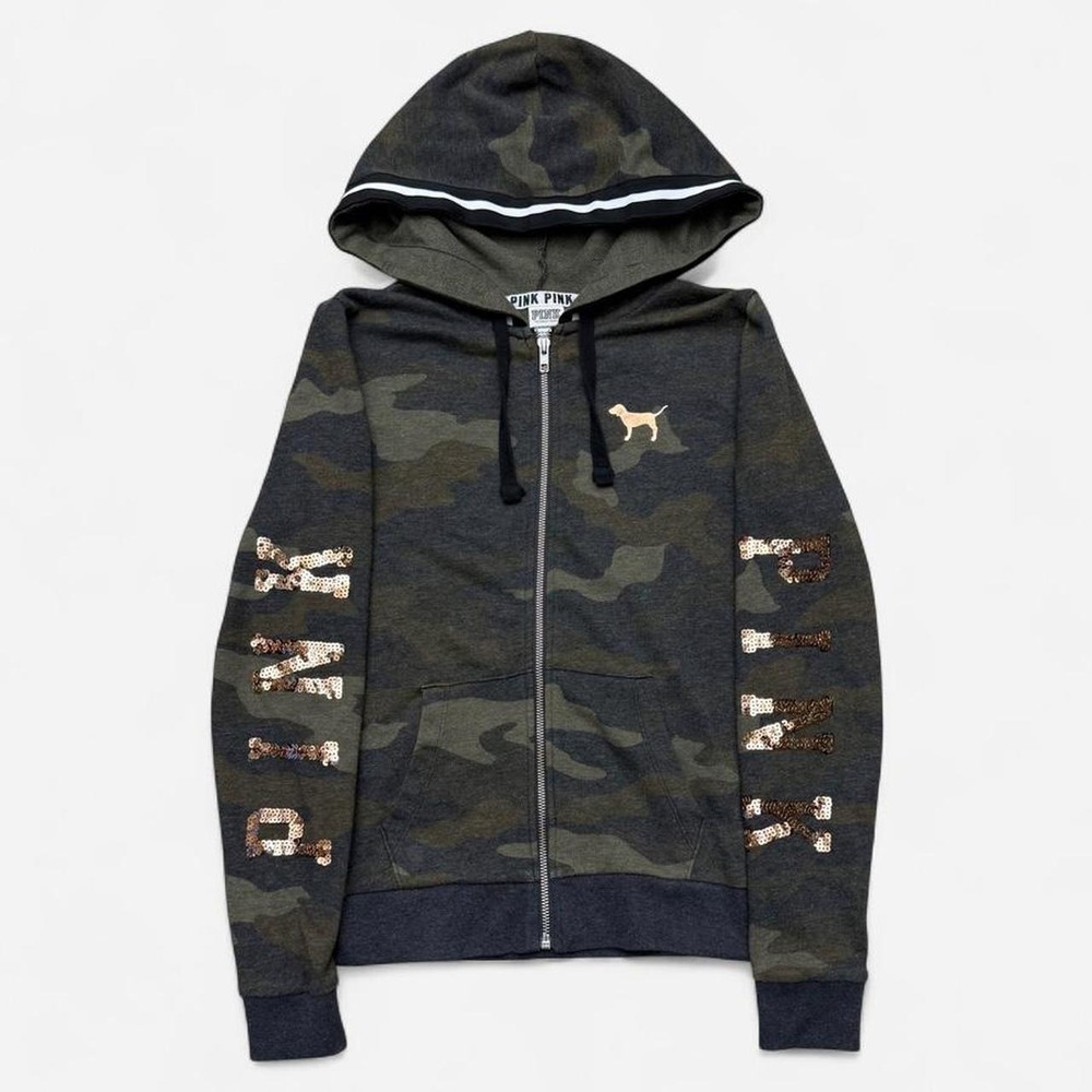 Y2K Victoria's Secret PINK bling hoodie Camo Sequin Zip Up gold sequin Size XS